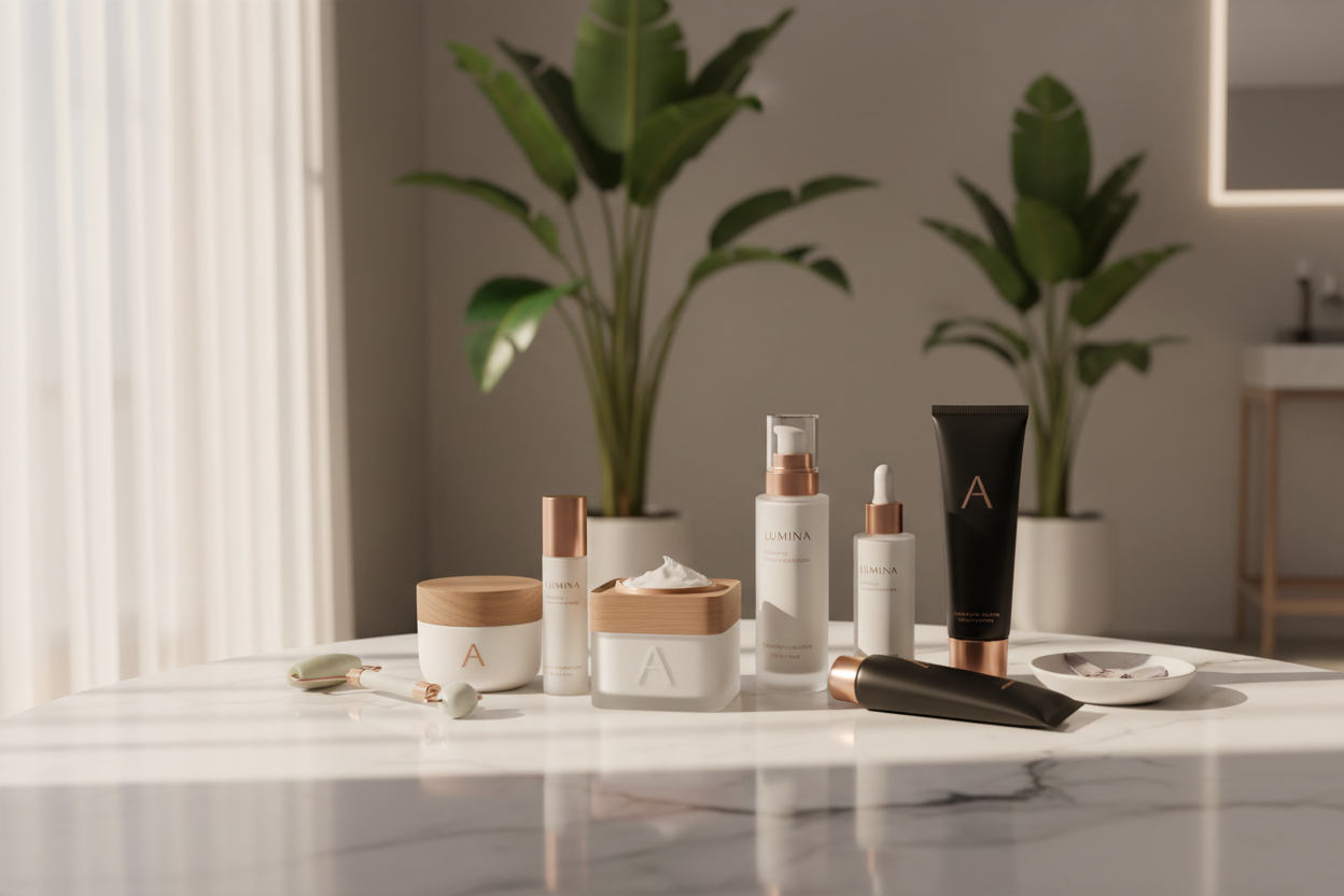 Luxury skincare flat lay banner